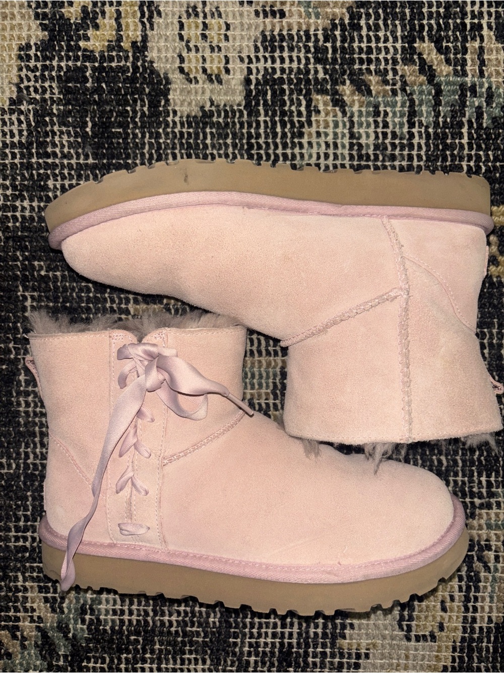 Women's Pink Suede and Satin Lace-Up Ugg Boots